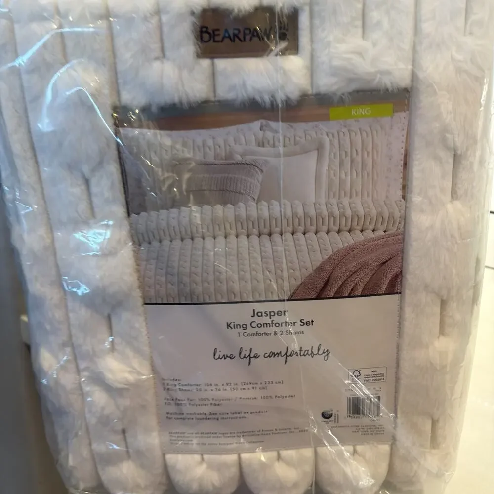 BearPaw Jasper King Comforter Set NEW Ivory Faux Fur Puff Comforter And Sham Set